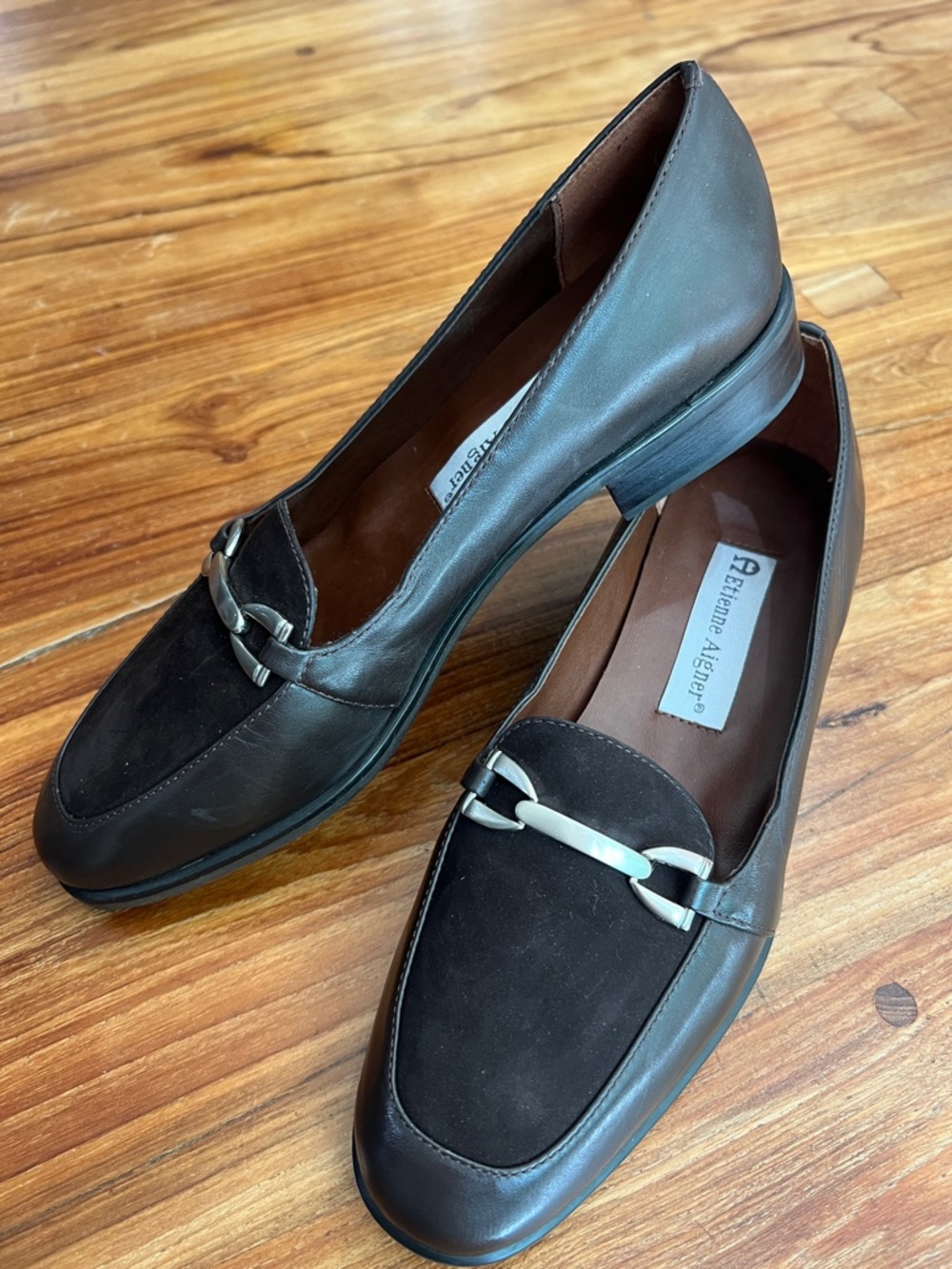 Etienne Aigner Dark Brown Leather and Suede Bit Loafers size 7 narrow